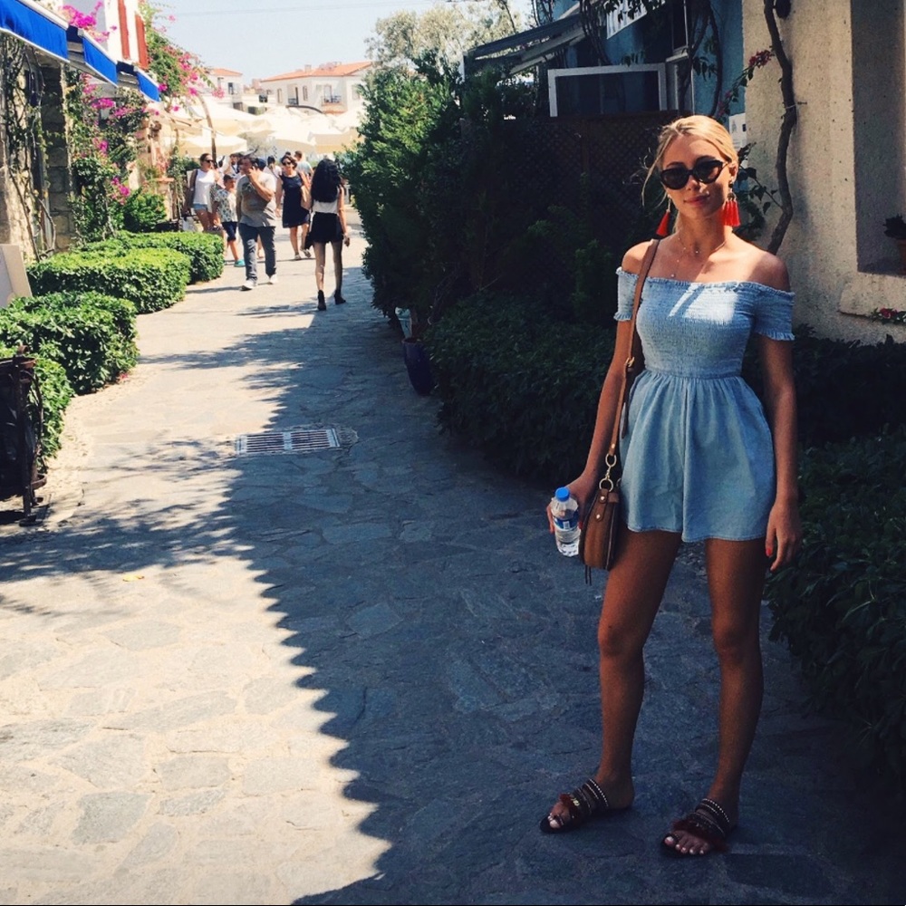 Blue Denim Style Romper Off Shoulder
